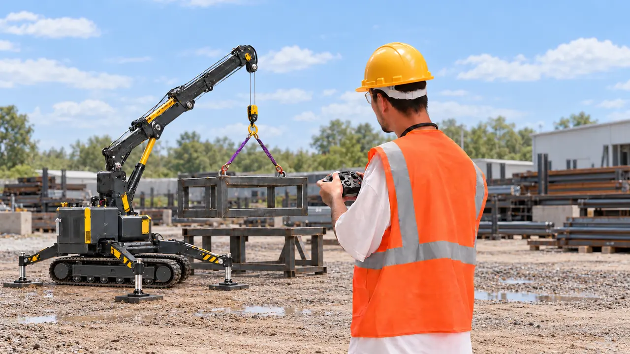 Outdoor industrial application illustration of an operator using an NTI PD-1 while a tracked crane lifts a steel frame on a dirt worksite