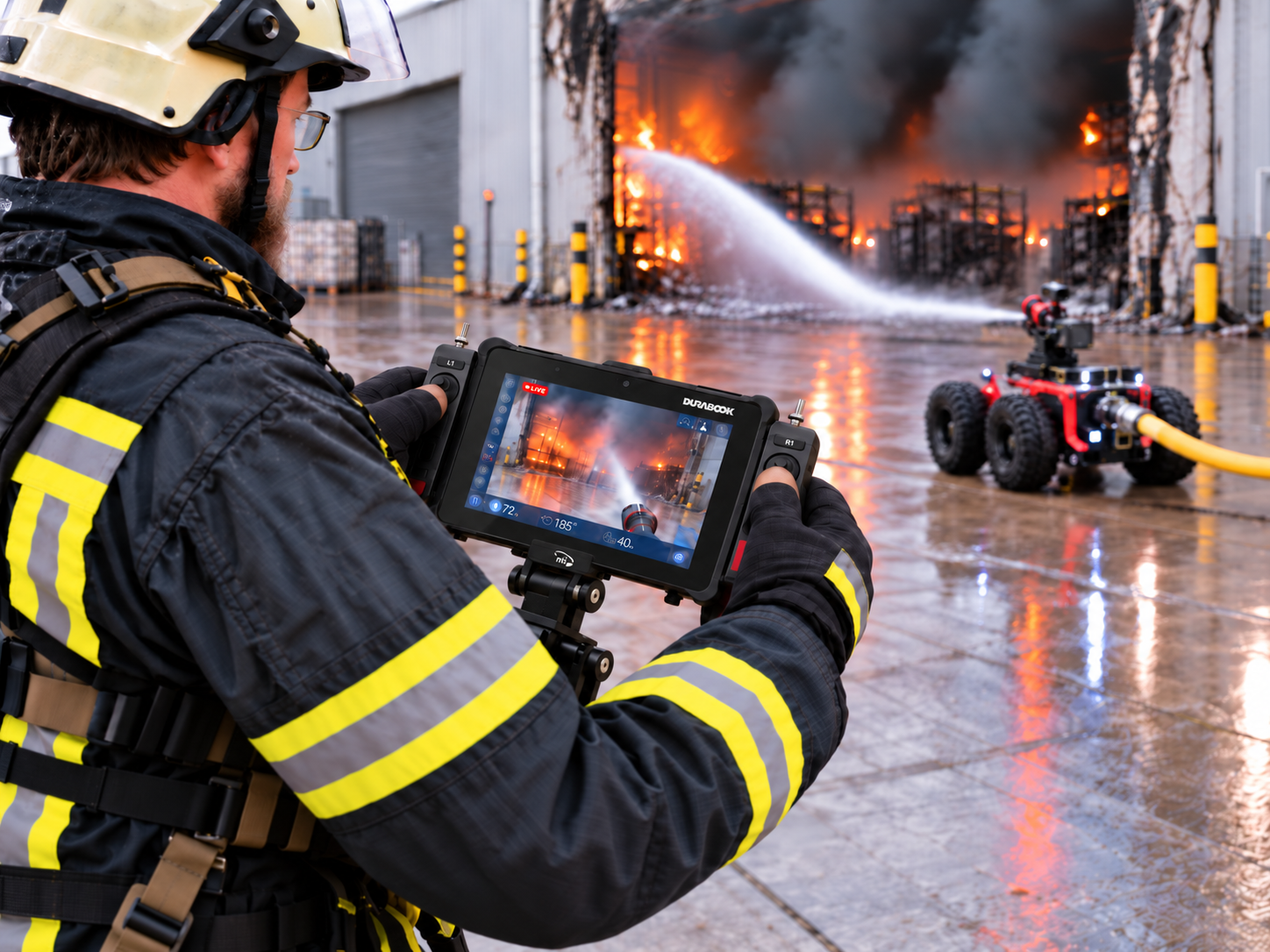 Firefighter operating an NTI controller as a firefighting robot directs water at an industrial fire