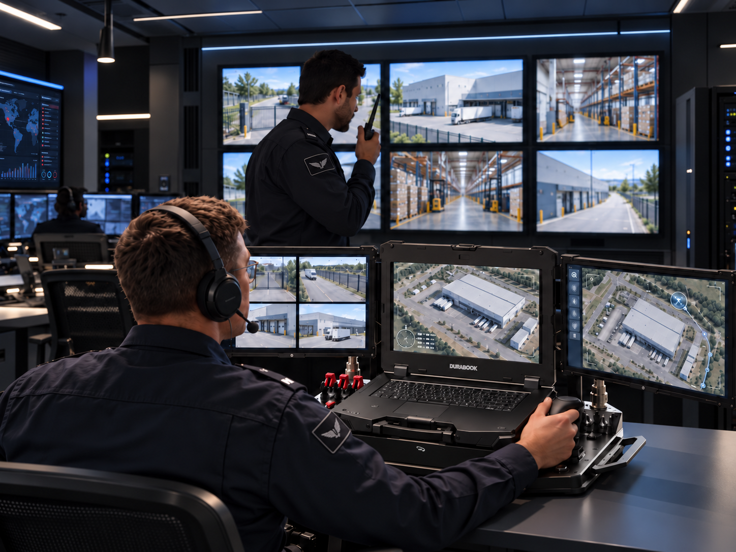 Security operators using an NTI NZ-14 in a control room with facility camera feeds and aerial monitoring views