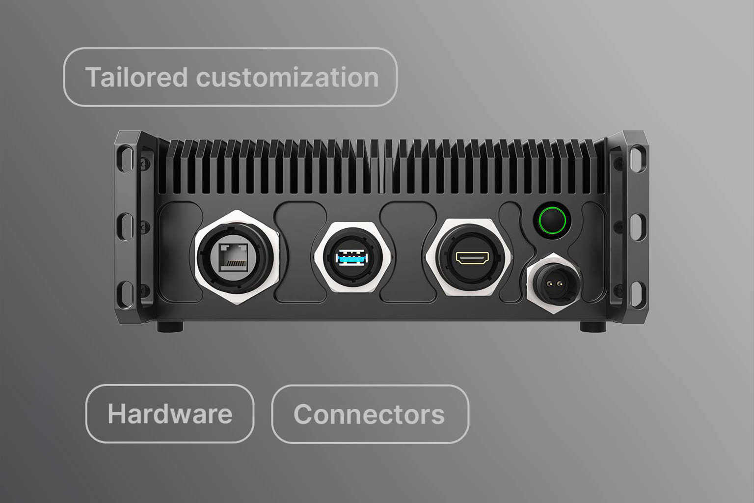 Komodo C-1 rugged computer front connector panel with Ethernet, USB, HDMI and power connections