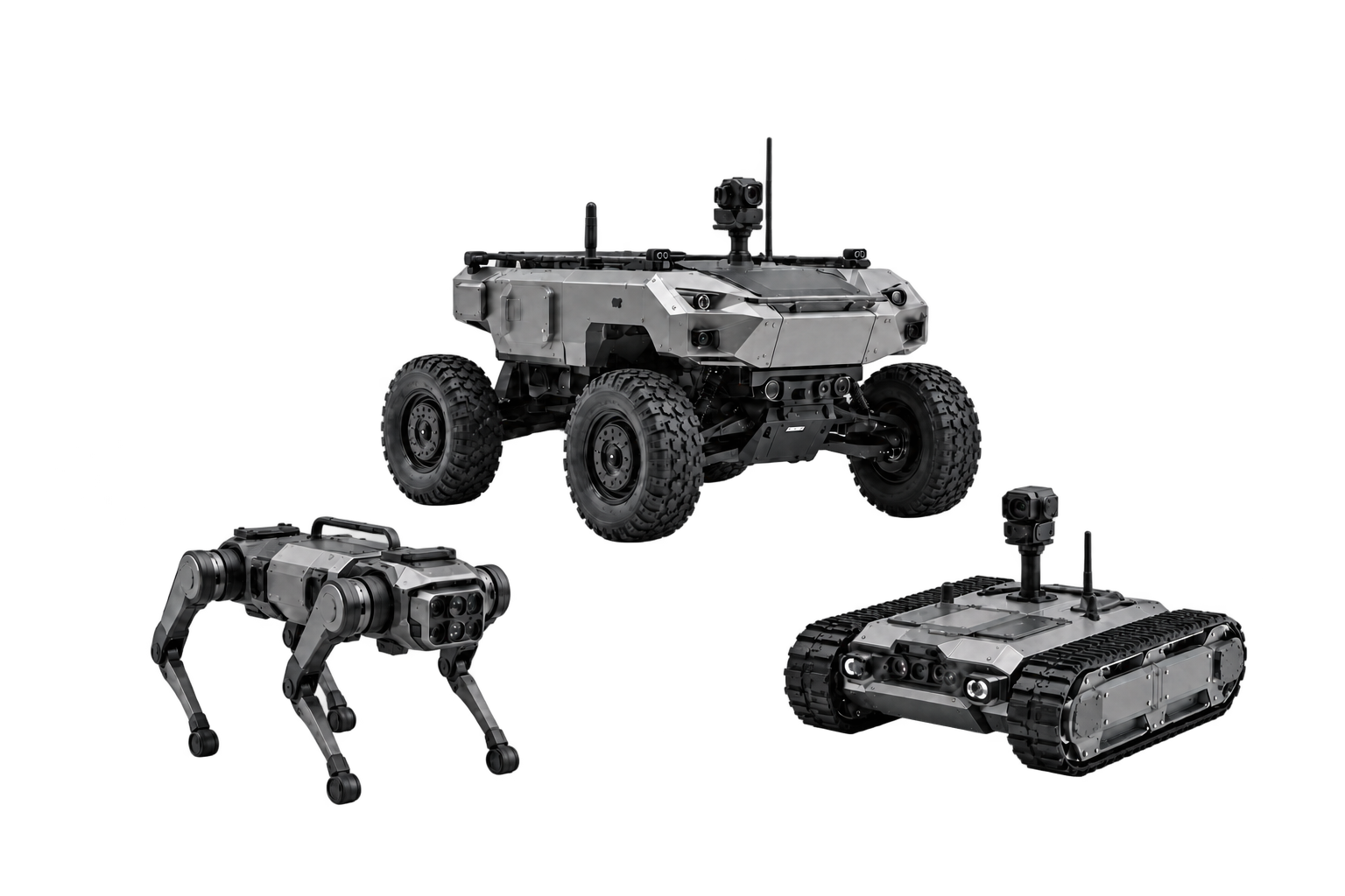 Wheeled, tracked, and quadruped ground robots