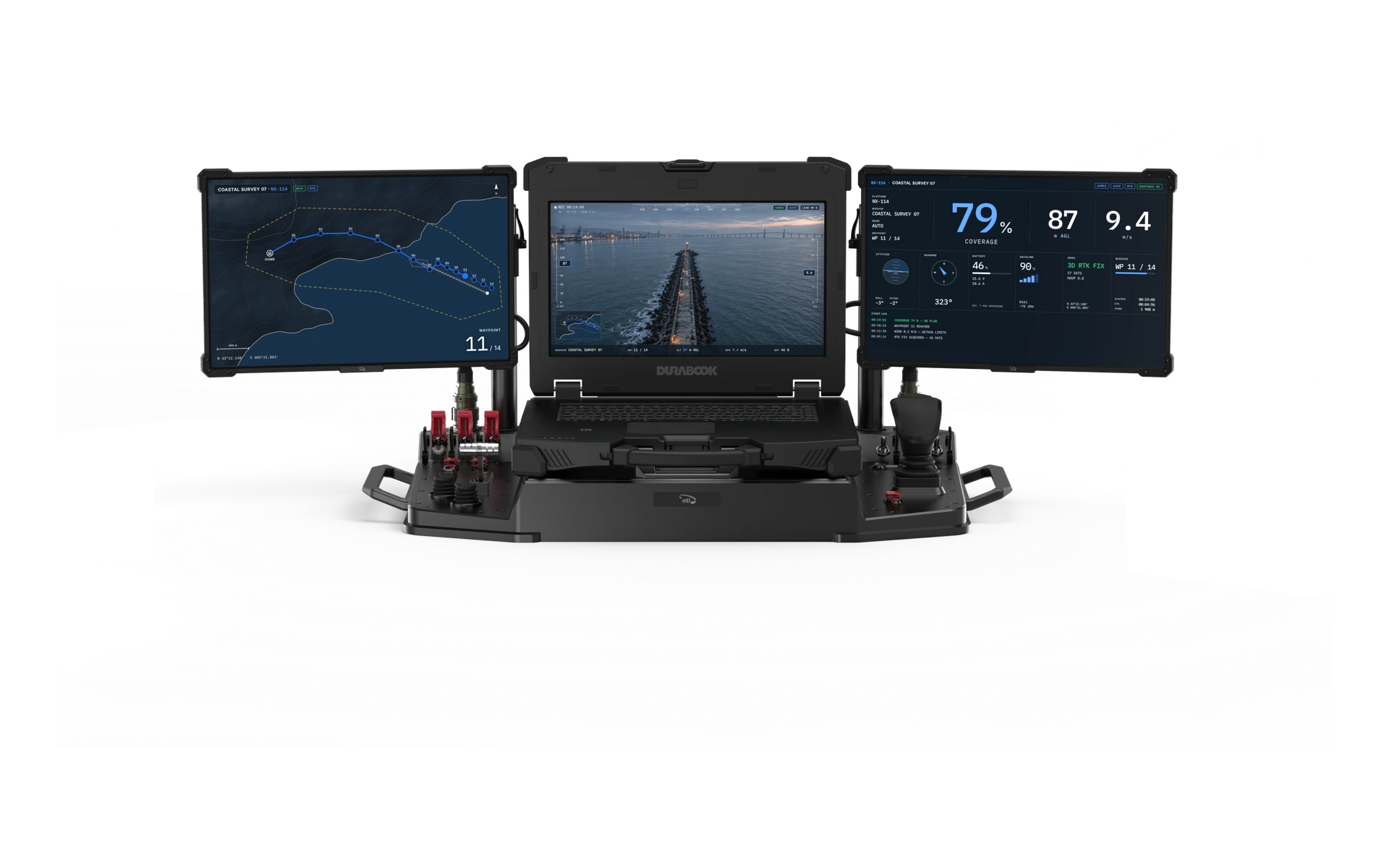NZ-14 straight-on front render with three displays and the complete operator-control base